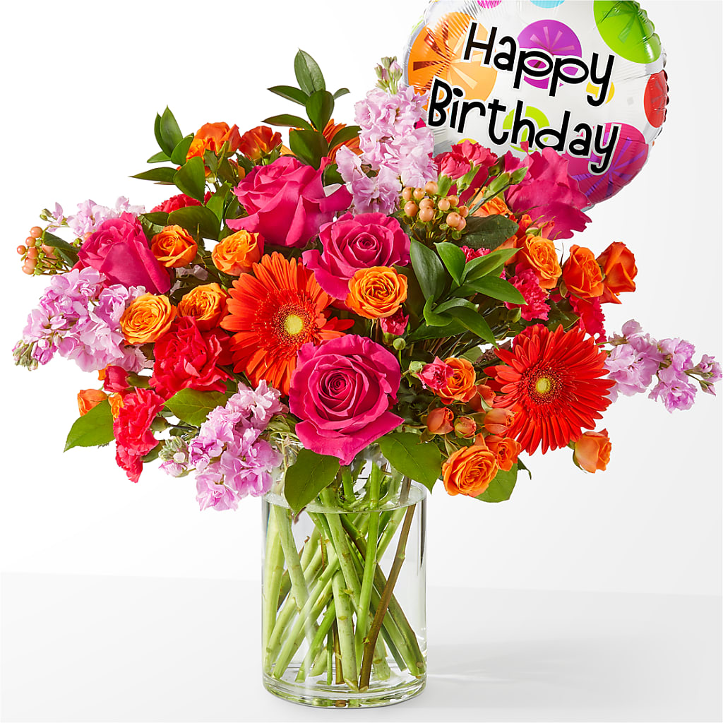 Fiesta Bouquet with Birthday Balloon – Lolas Blooms, Somerset NJ