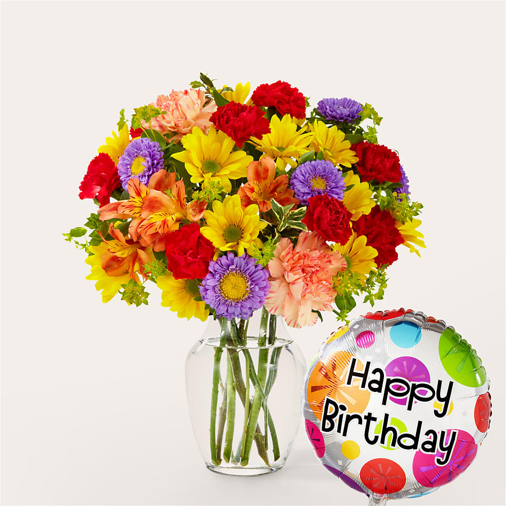 Kaleidoscope Bouquet with Birthday Balloon – Lolas Blooms, Somerset NJ