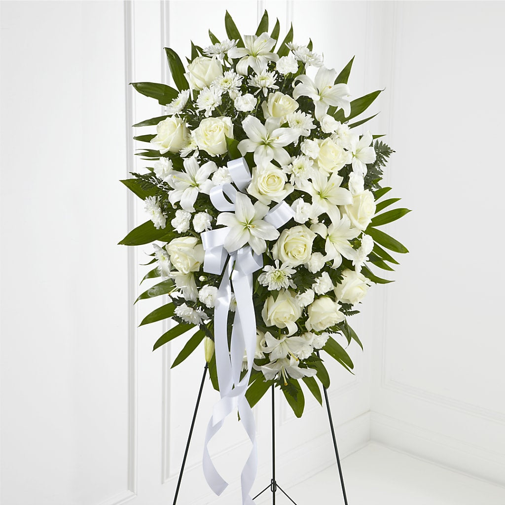 Exquisite Tribute Standing Spray-White Ribbon – Lolas Blooms, Somerset NJ