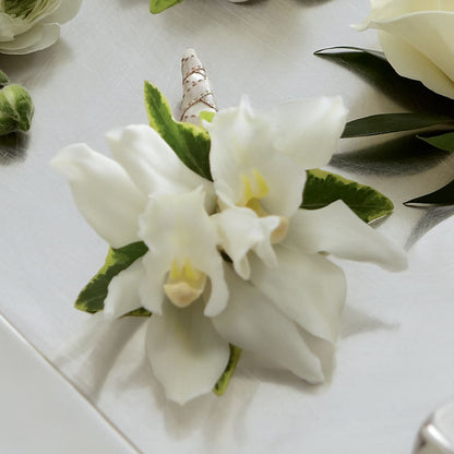 White Mini Cymbidium Boutonniere –  Lolas Blooms, Somerset NJ